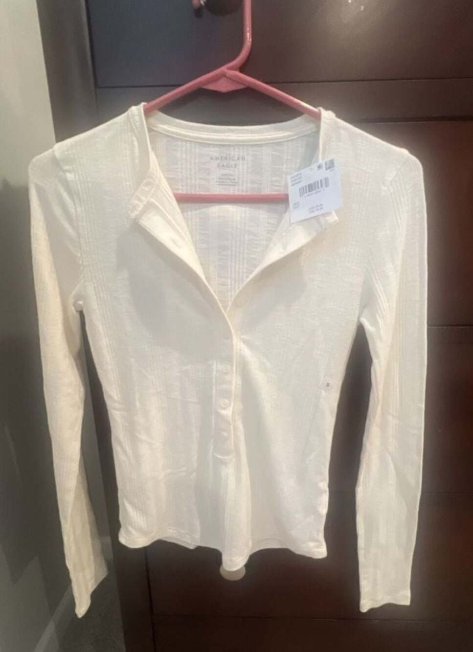 American Eagle Long Sleeve Henley Shirt in Cream